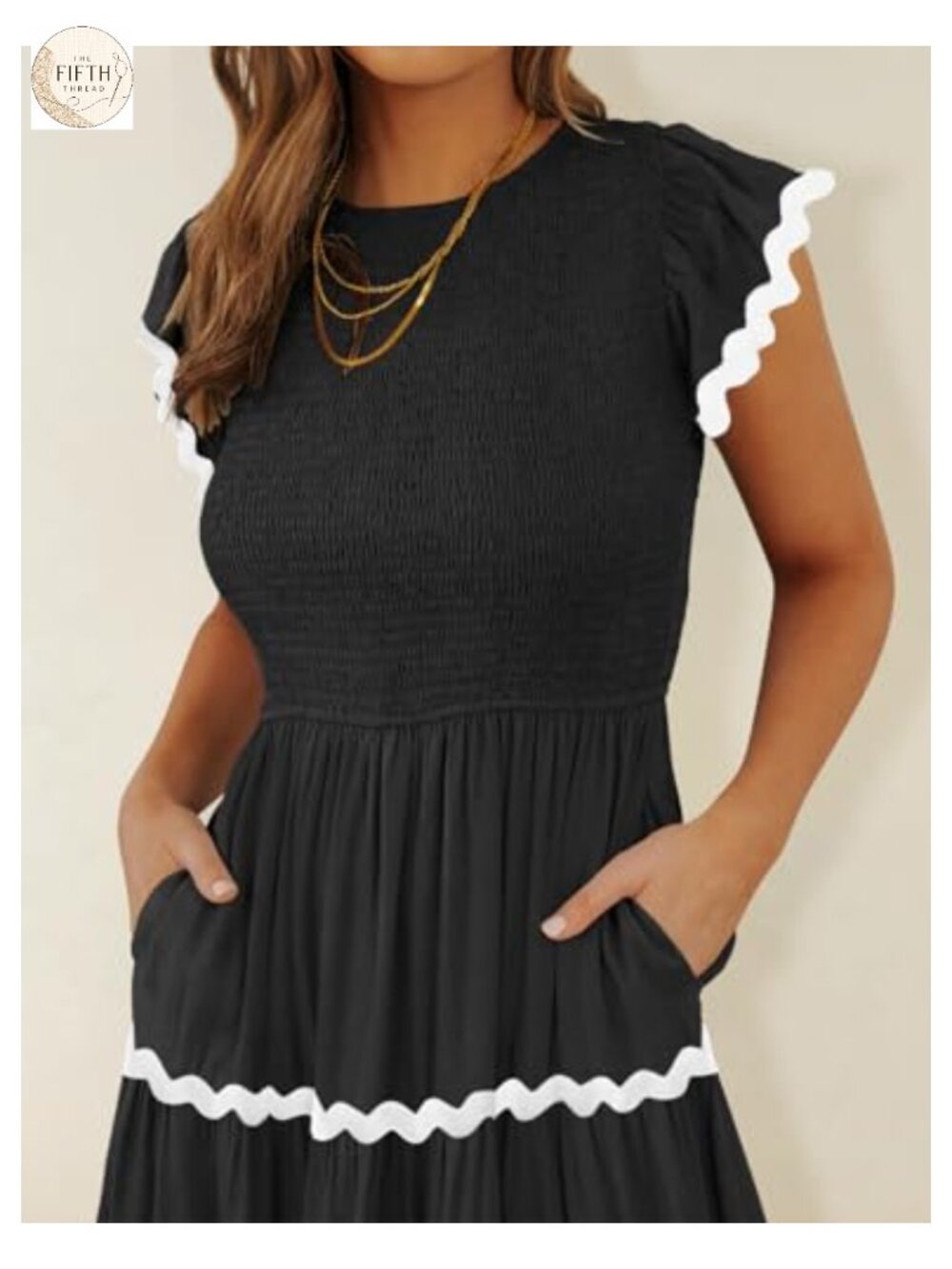 Smocked Flowy Midi Dress Short Flutter Sleeves Rickrack Trim - Picture 2 of 3
